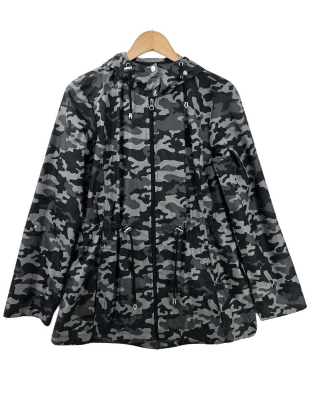 Intl Details Parka In A Pocket Camo Rain Coat Women's Size Small With Hood